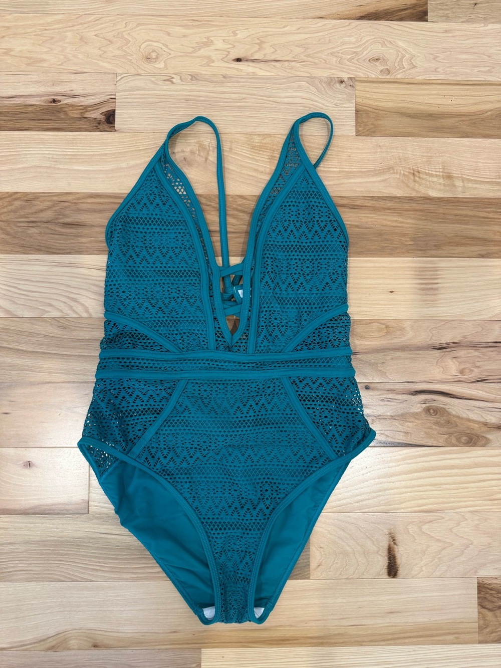 Teal Crochet Lace Plunge One-Piece Swimsuit – Size Medium
